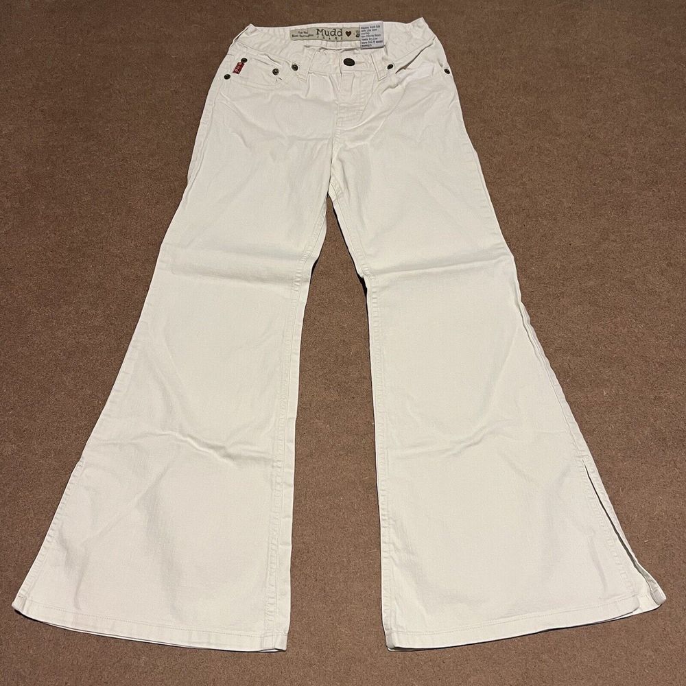 Vintage Mudd Jean Women 10 21x25 White Flare Wide Leg Rave Split Seam Slit Punk‎